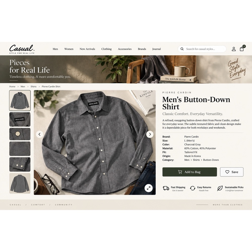 Pierre Cardin Mens Tailored Fit Button Down Shirt Charcoal Gray Long Sleeve L
